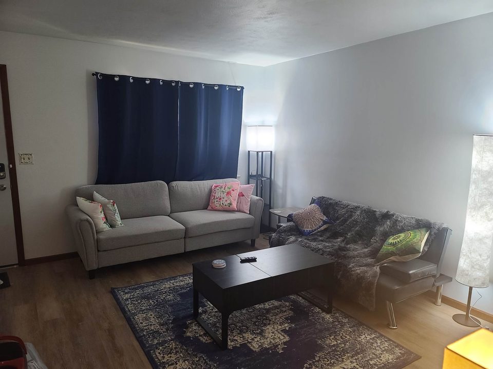 Living room with a grey sofa, chaise, coffee table, and patterned rug